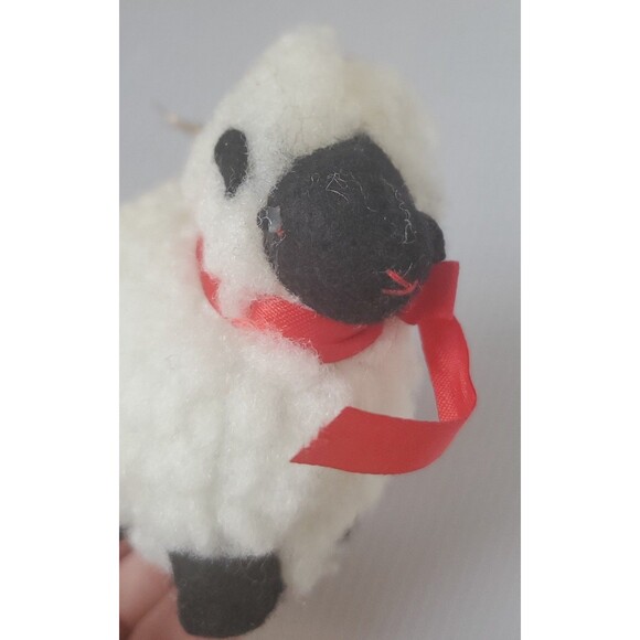 Vintage SHEEP LAMB Covered w/Fuzzy Wool Red Bow Christmas Ornament Cannon Falls - Picture 3 of 8